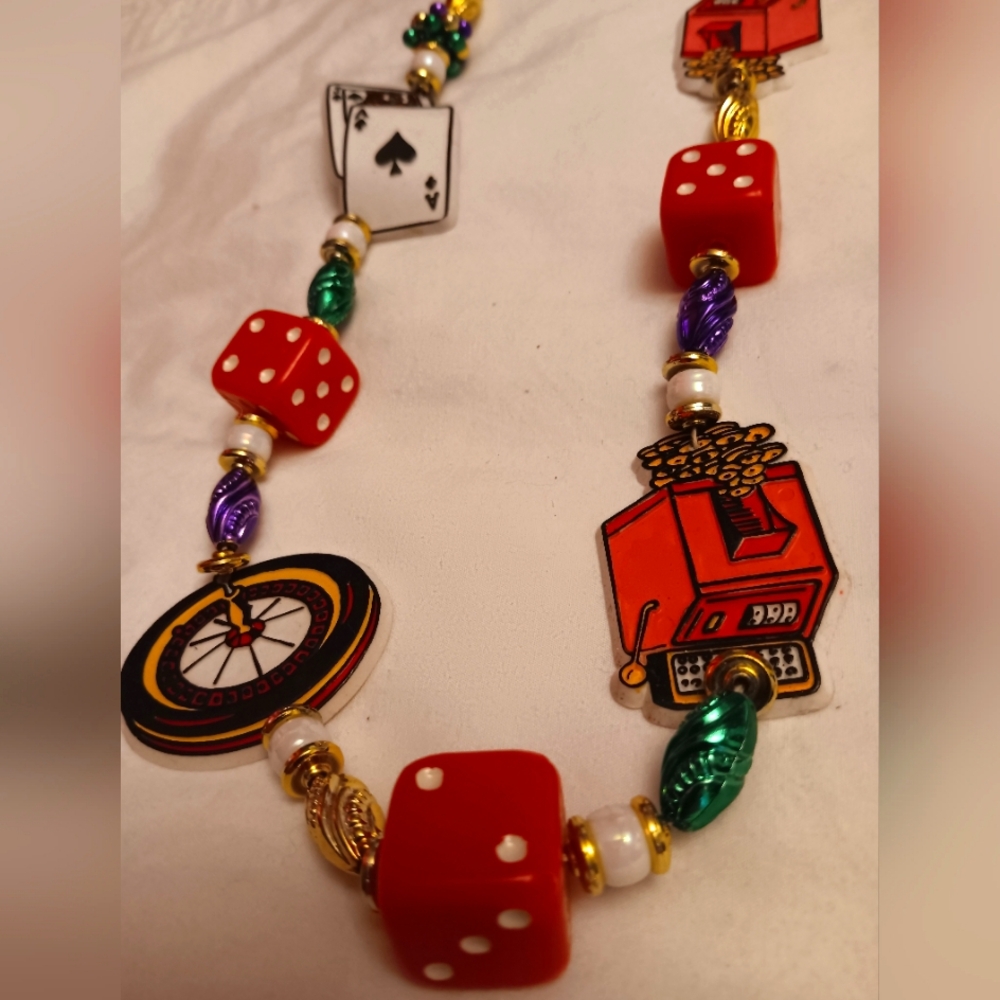Vintage Color Mardi Gra Casino Festive Necklace Black Jack, Play cards, Dice
